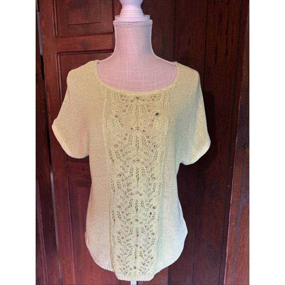 Womens Ruby Rd Pullover Sweater Knitted Top Lime Green Large CUTE! Sequins